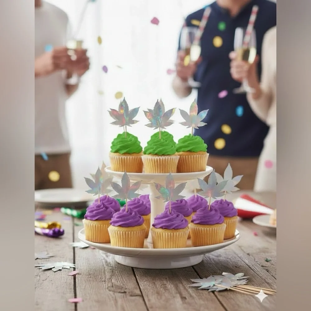 Marijuana Weed Leaf Festive Cupcake Toppers for Parties